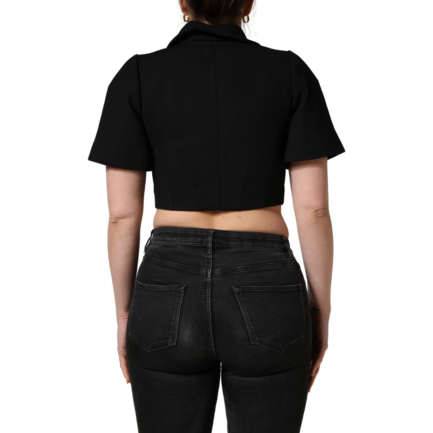 Black Collared Short Sleeves Cropped Blouse Top