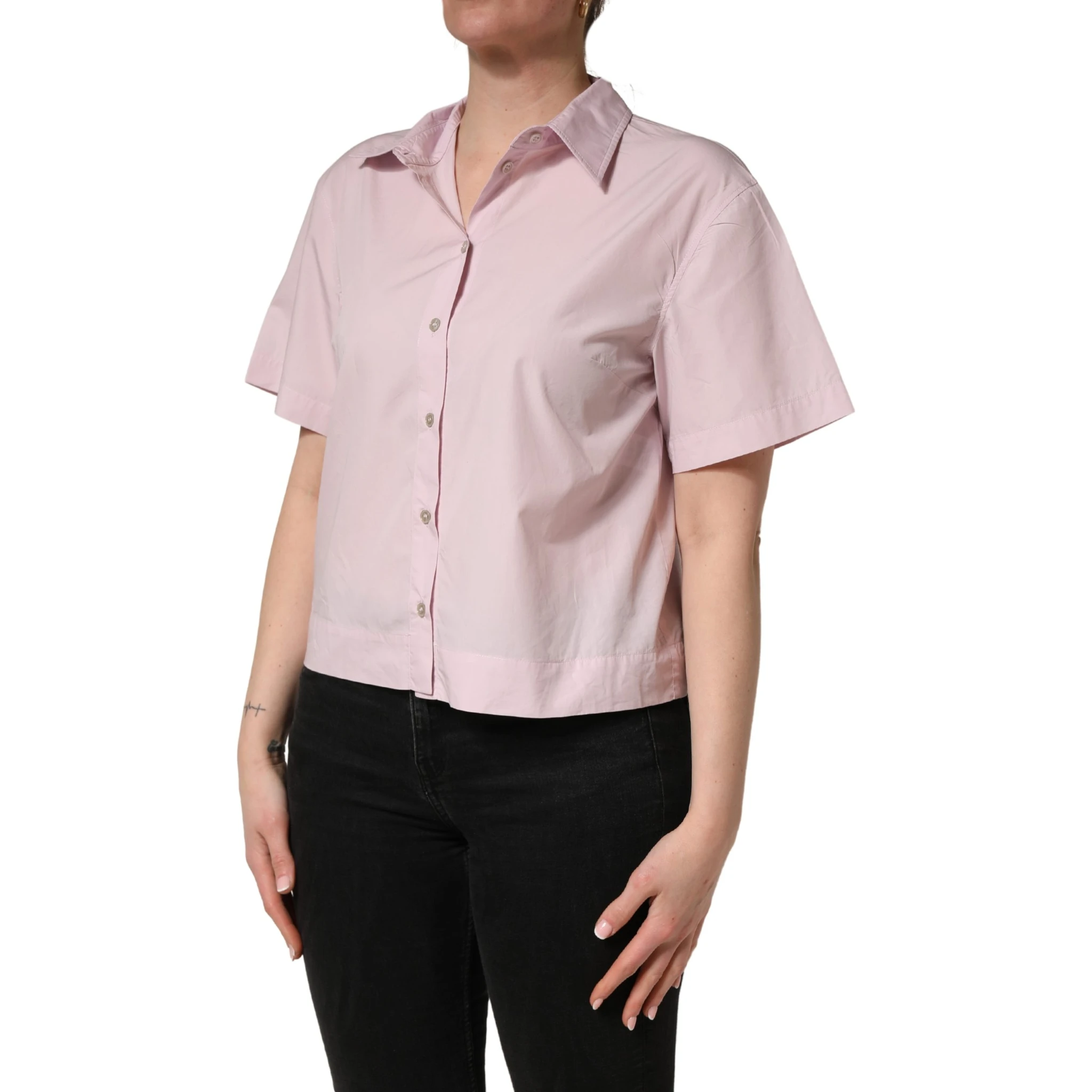 LightPink Cotton Collared Buttoned Blouse Top