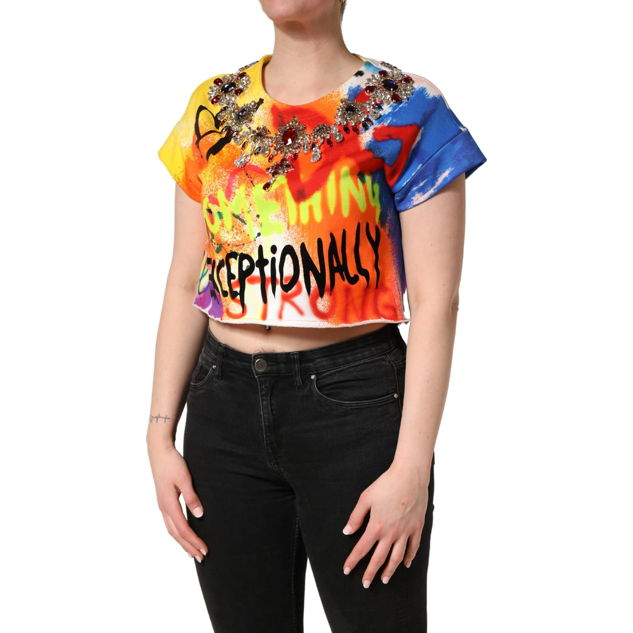 Multicolor Graffiti Crystals Crop Jersey Top