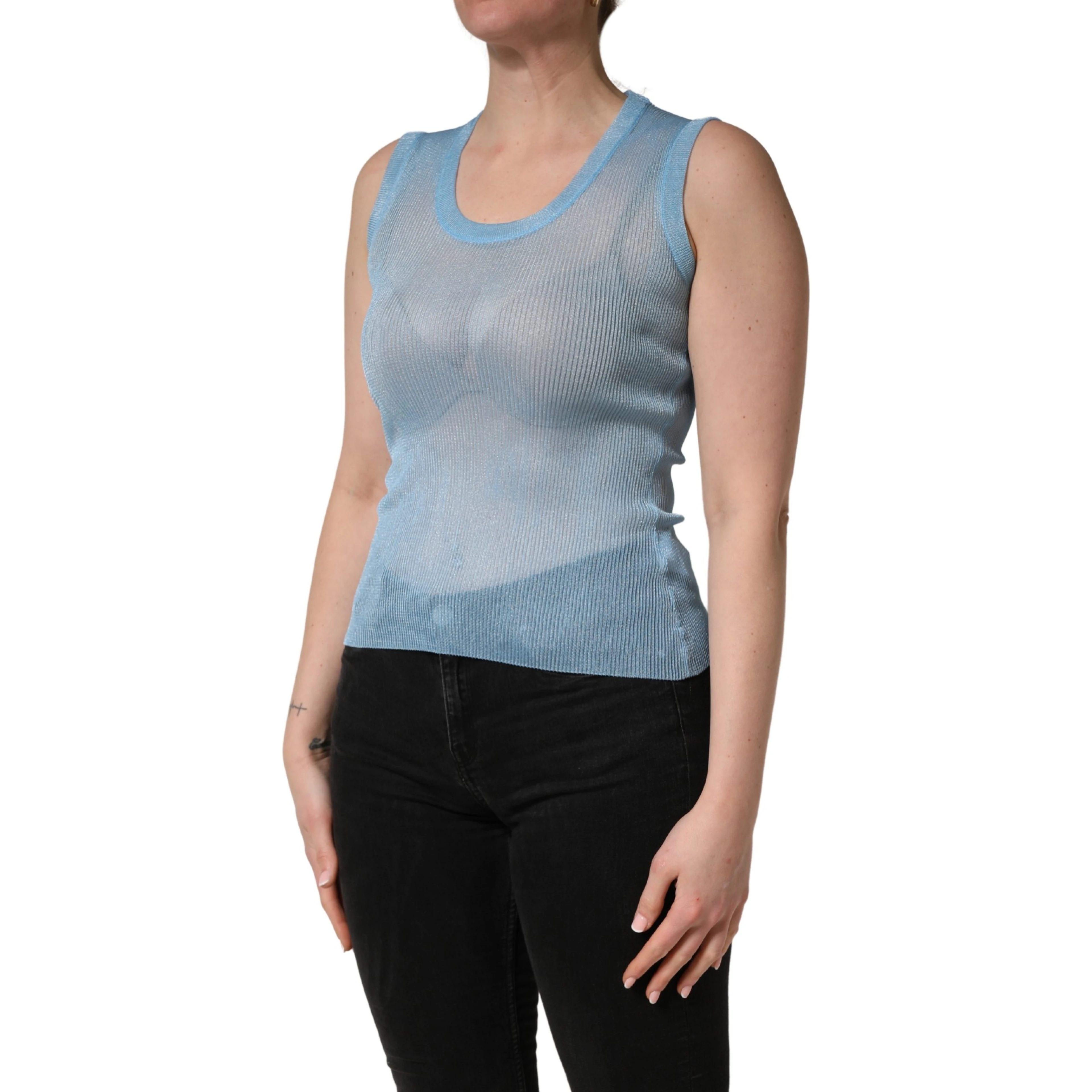 Blue Semi Sheer Ribbed Sleeveless Tank Top
