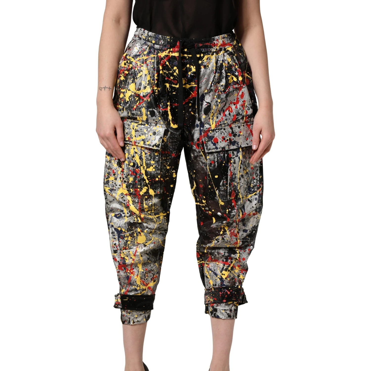 Black ColorSplash Effect Cargo Cropped Pants