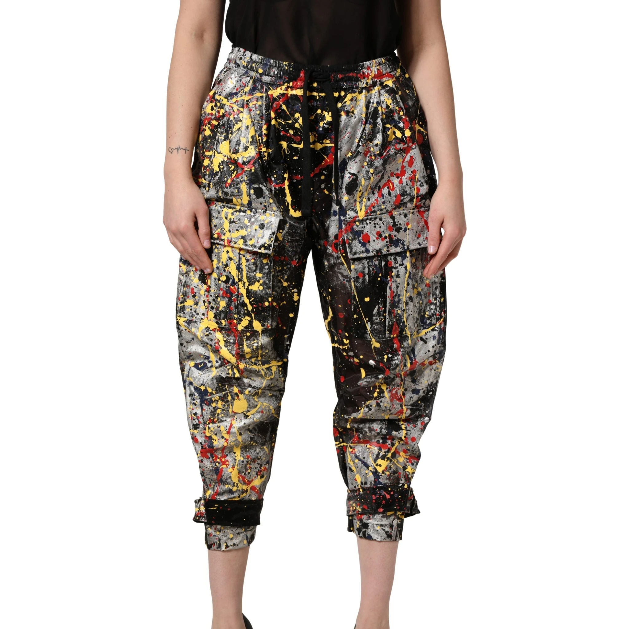 Black ColorSplash Effect Cargo Cropped Pants