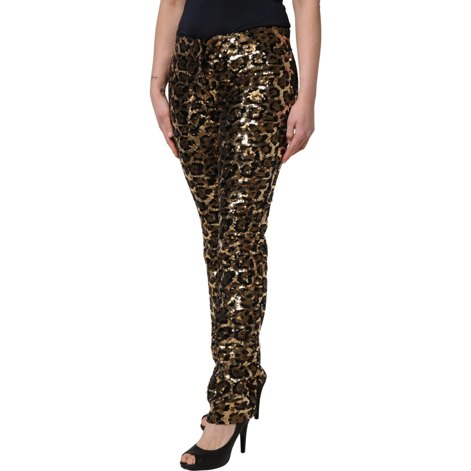 Gold Leopard Sequined Straight Trouser Pants