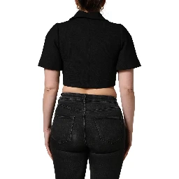 Black Collared Short Sleeves Cropped Blouse Top