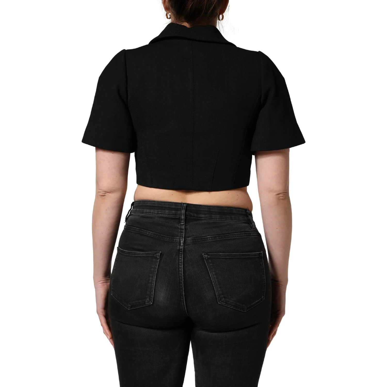 Black Collared Short Sleeves Cropped Blouse Top