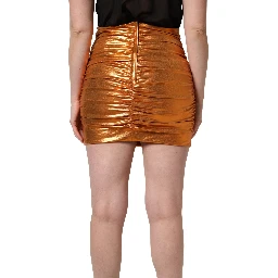 Metallic Orange Ruched Lame Bodycon Mini Skirt
