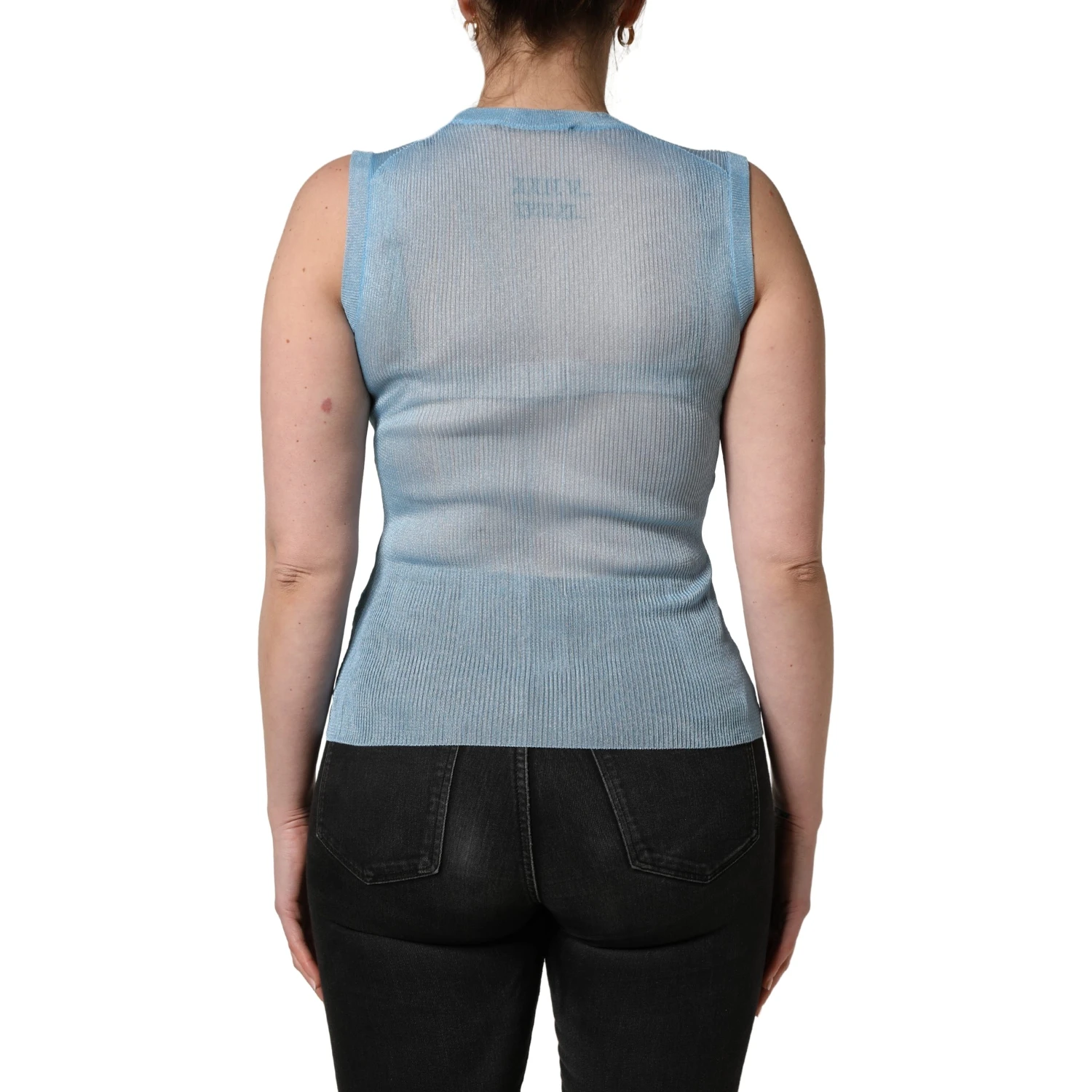 Blue Semi Sheer Ribbed Sleeveless Tank Top