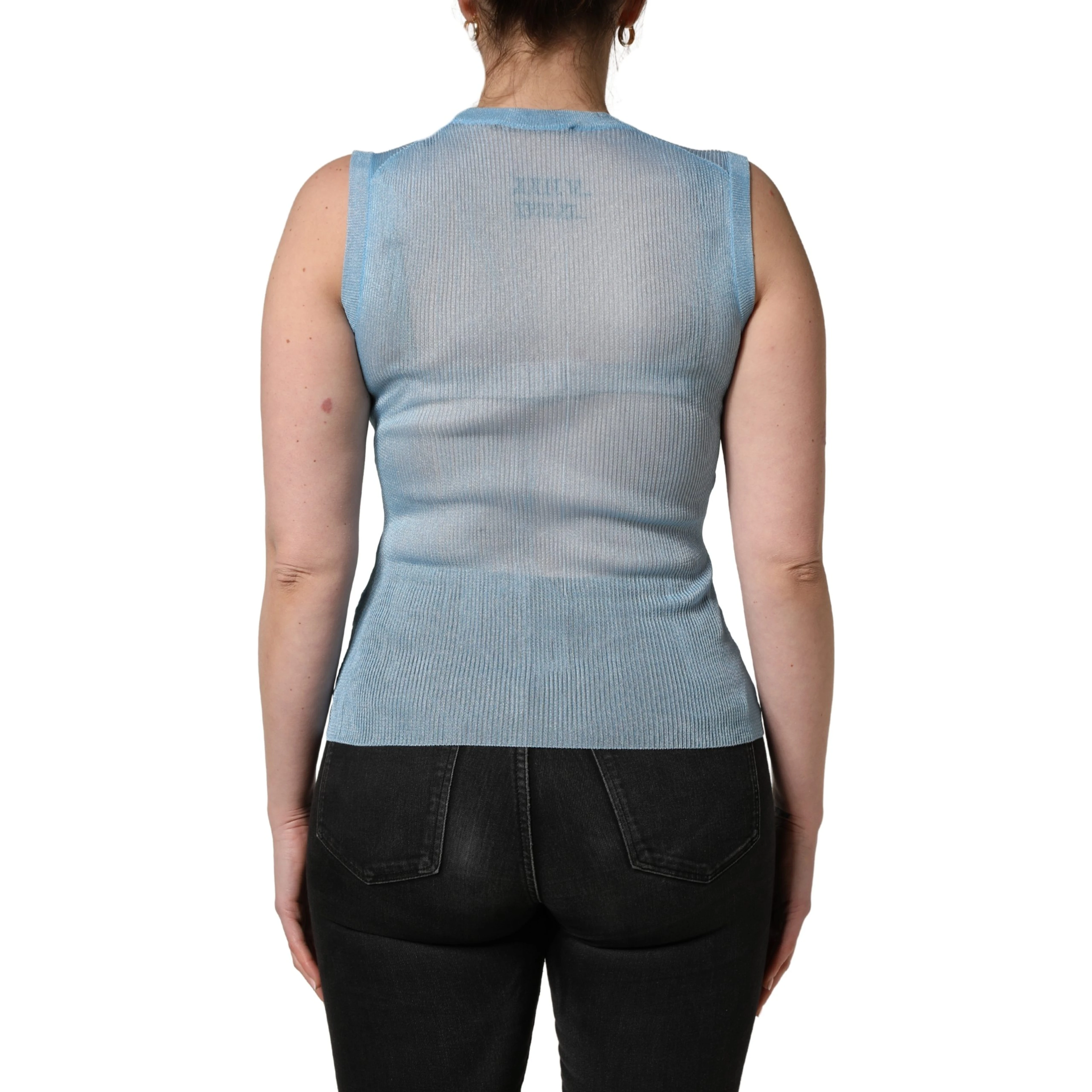 Blue Semi Sheer Ribbed Sleeveless Tank Top