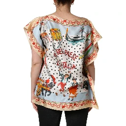 Multicolor Italy Scenes Graphic Silk Top