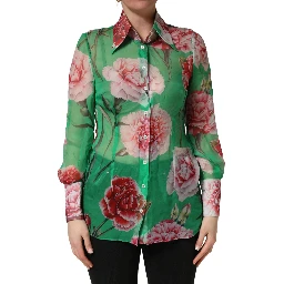 Green CarnationPrint Silk Collared Blouse Top