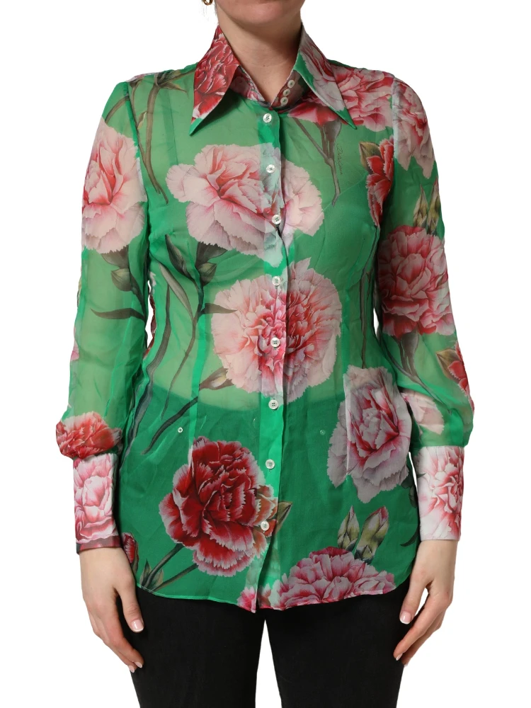 Green CarnationPrint Silk Collared Blouse Top alternative