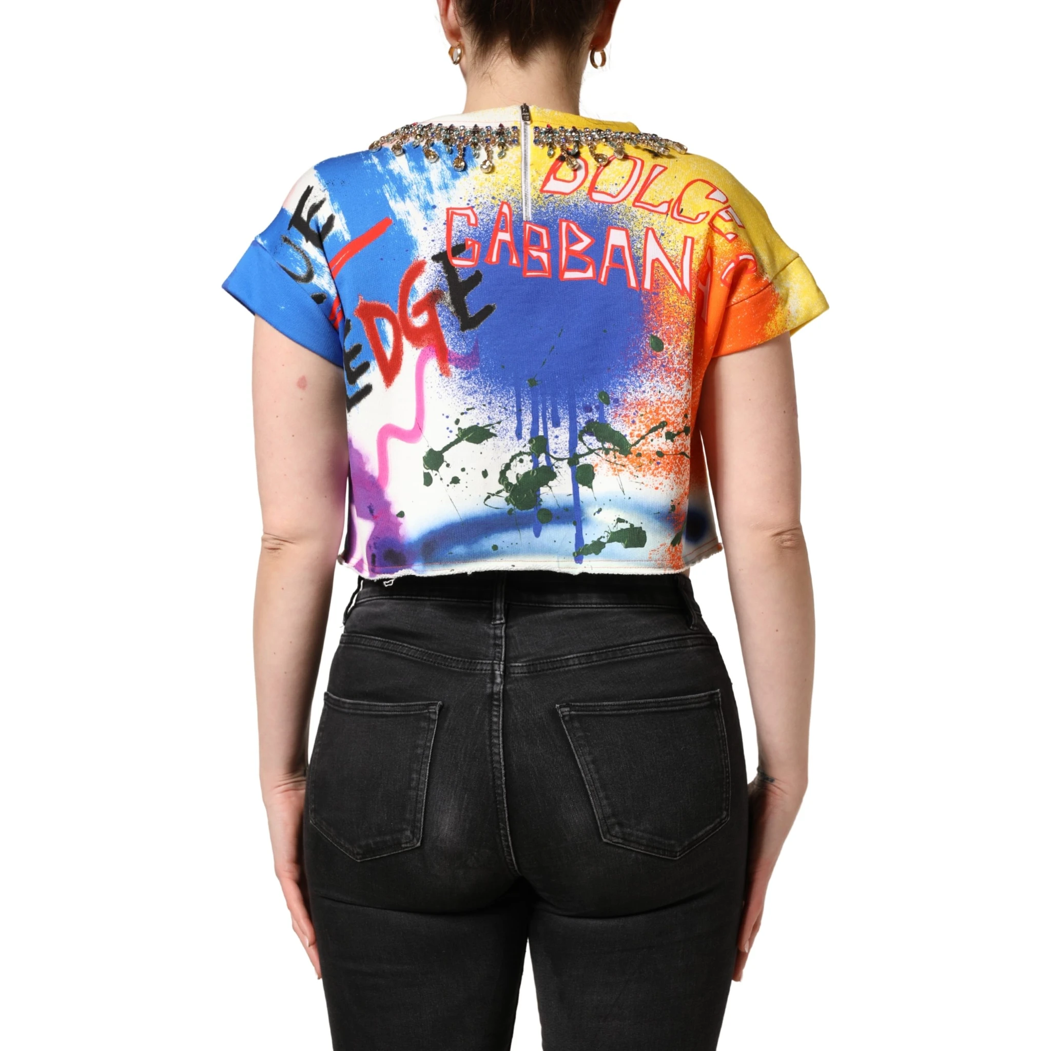 Multicolor Graffiti Crystals Crop Jersey Top