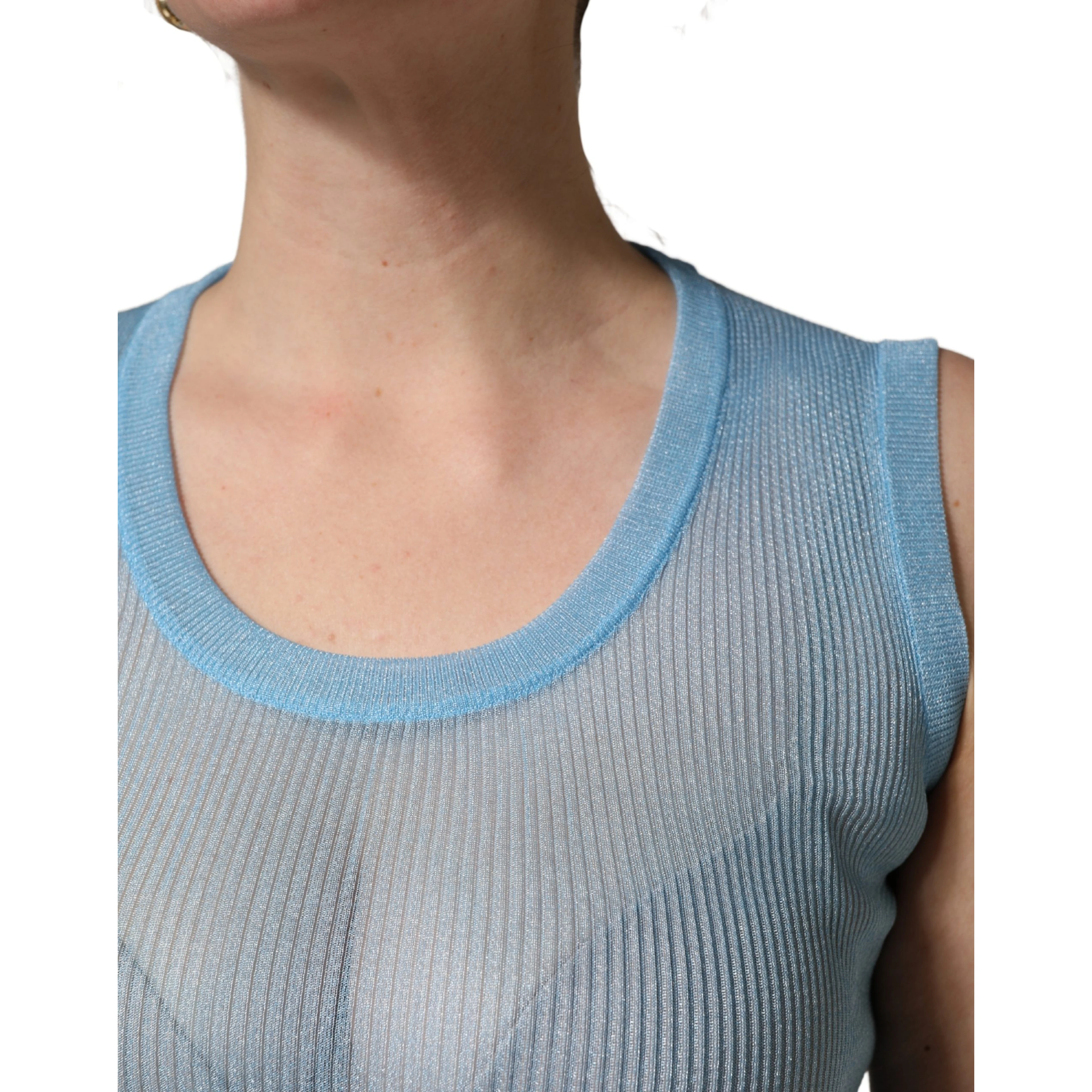 Blue Semi Sheer Ribbed Sleeveless Tank Top