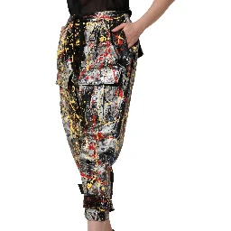 Black ColorSplash Effect Cargo Cropped Pants