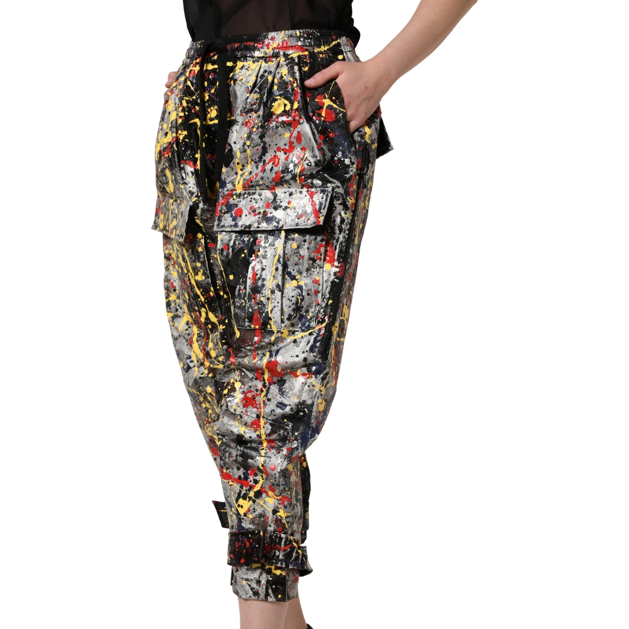 Black ColorSplash Effect Cargo Cropped Pants