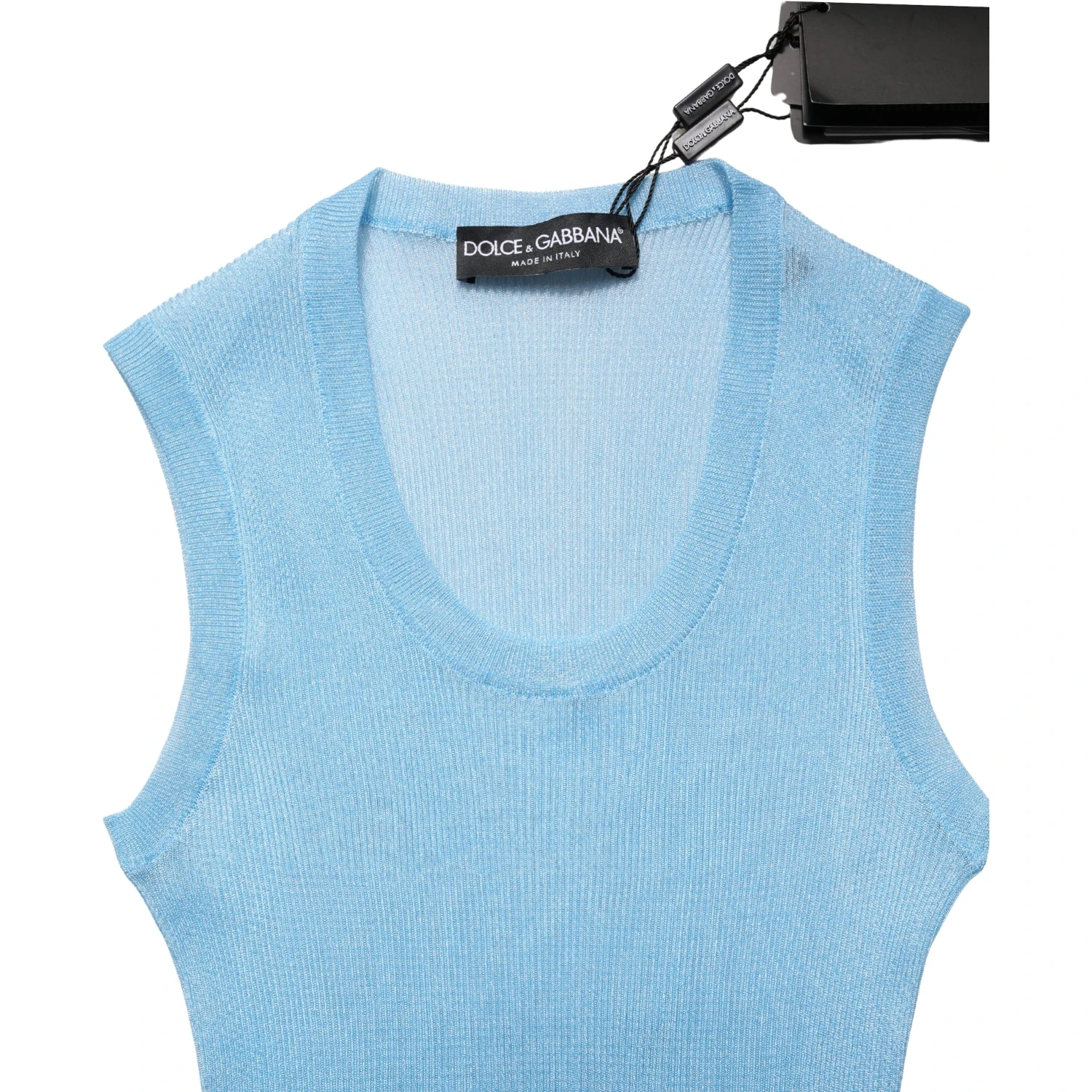 Blue Semi Sheer Ribbed Sleeveless Tank Top