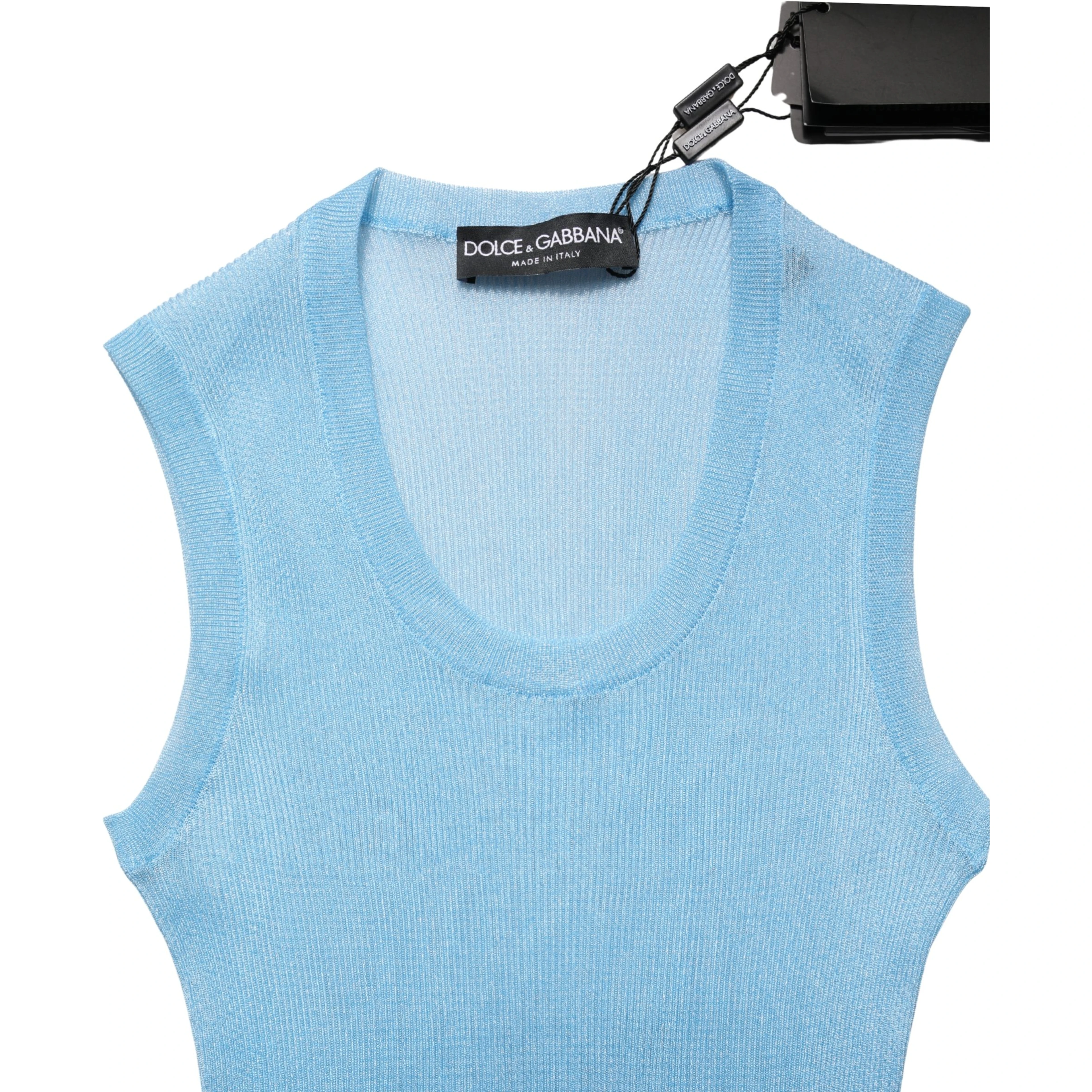 Blue Semi Sheer Ribbed Sleeveless Tank Top
