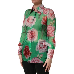 Green CarnationPrint Silk Collared Blouse Top