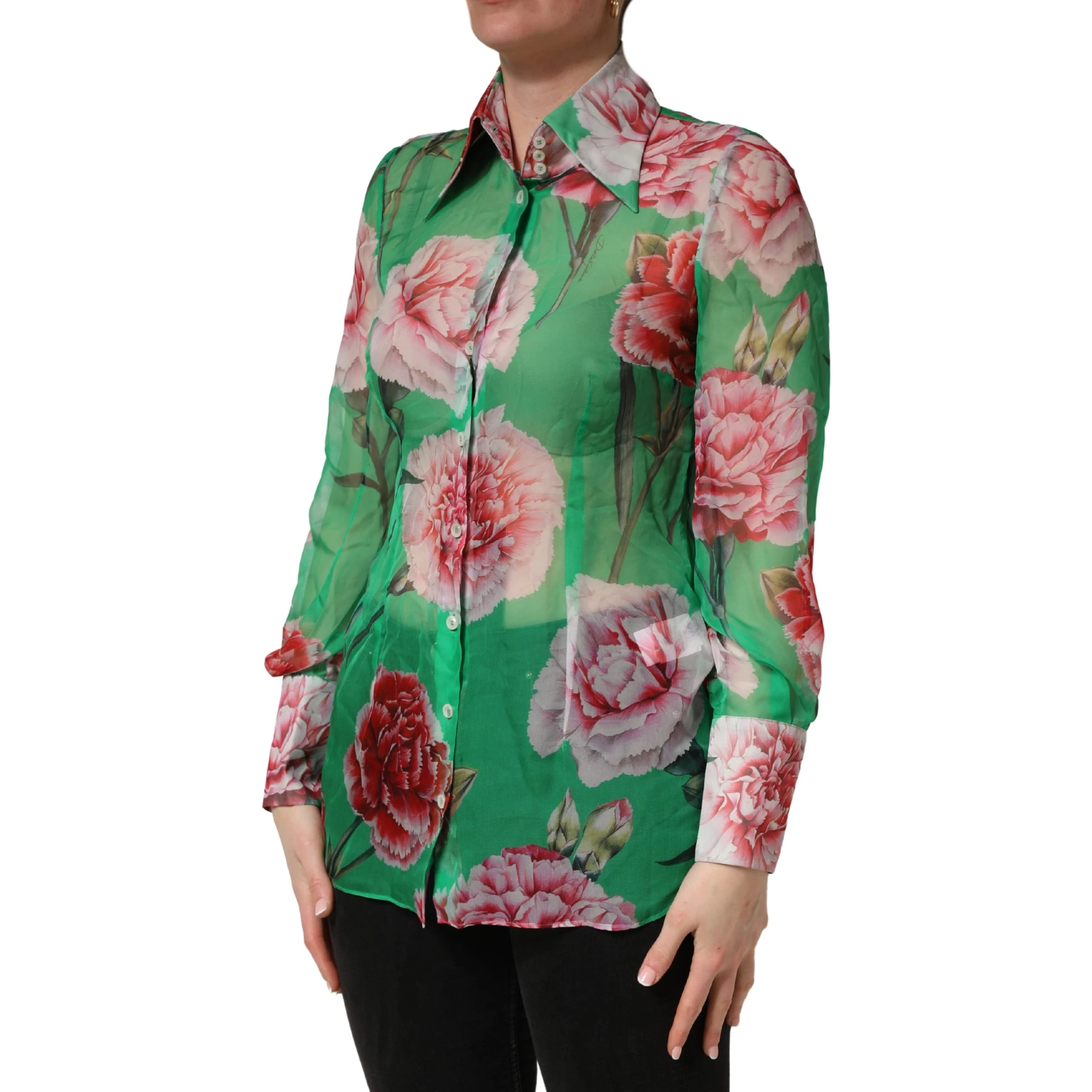 Green CarnationPrint Silk Collared Blouse Top