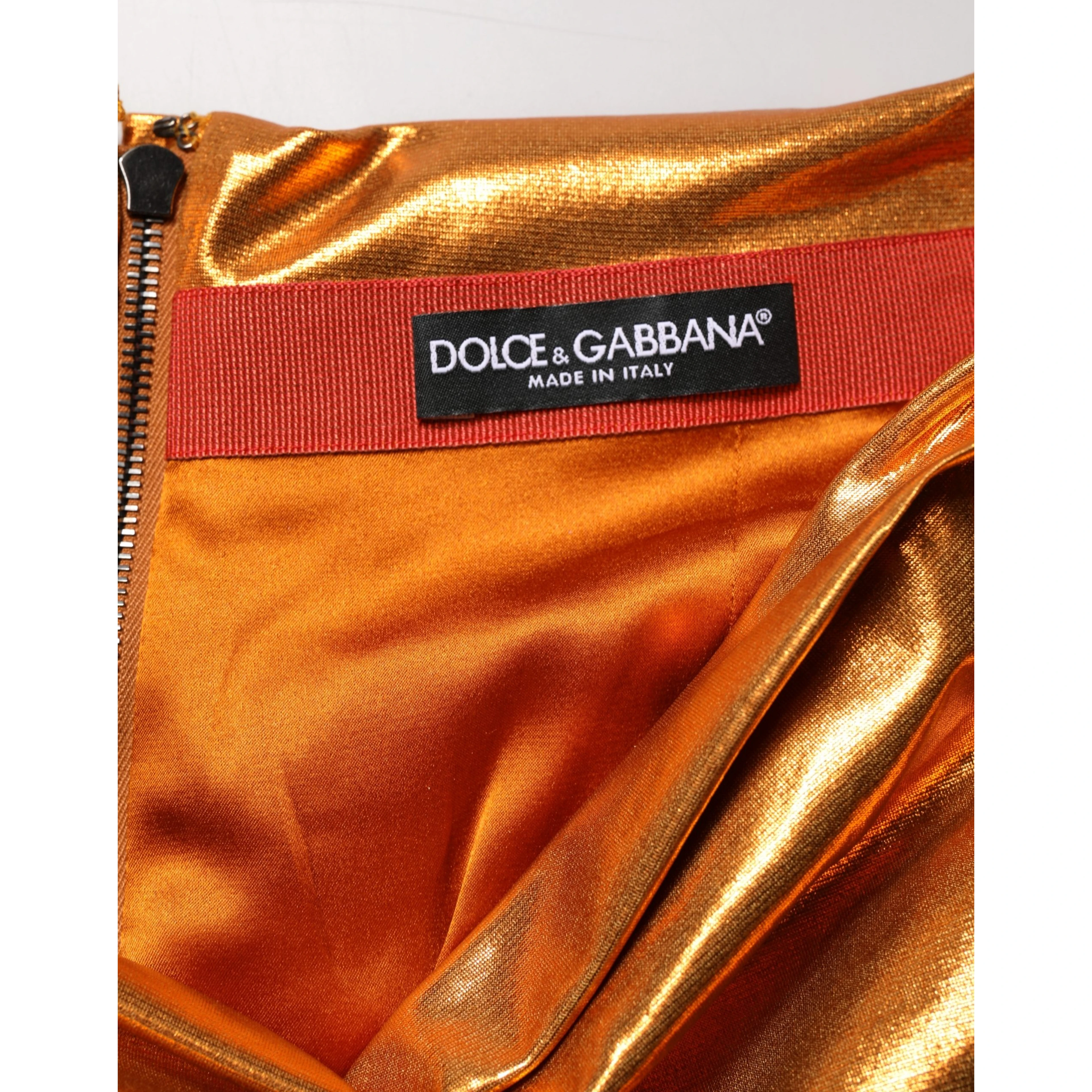 Metallic Orange Ruched Lame Bodycon Mini Skirt