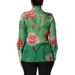 Green CarnationPrint Silk Collared Blouse Top