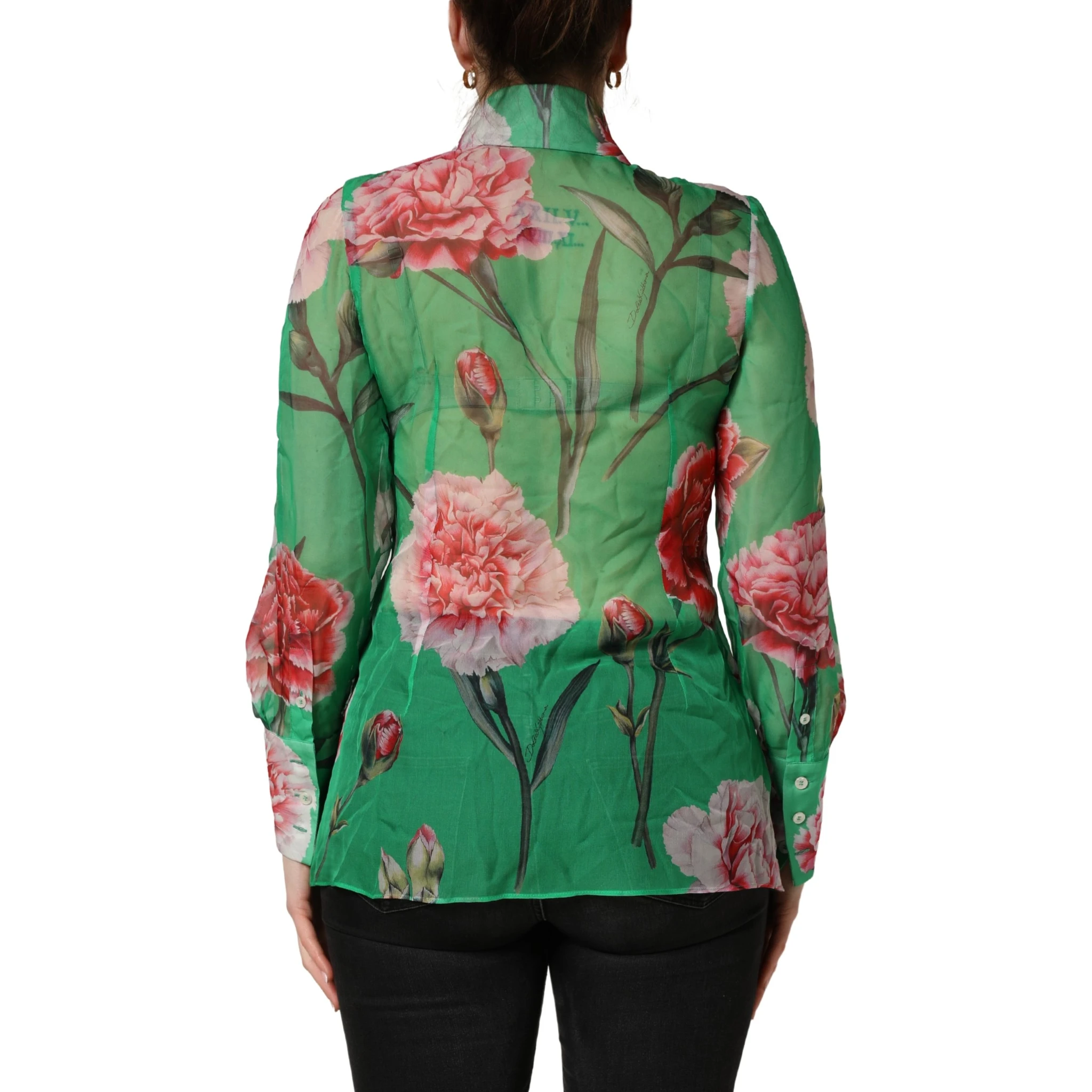 Green CarnationPrint Silk Collared Blouse Top