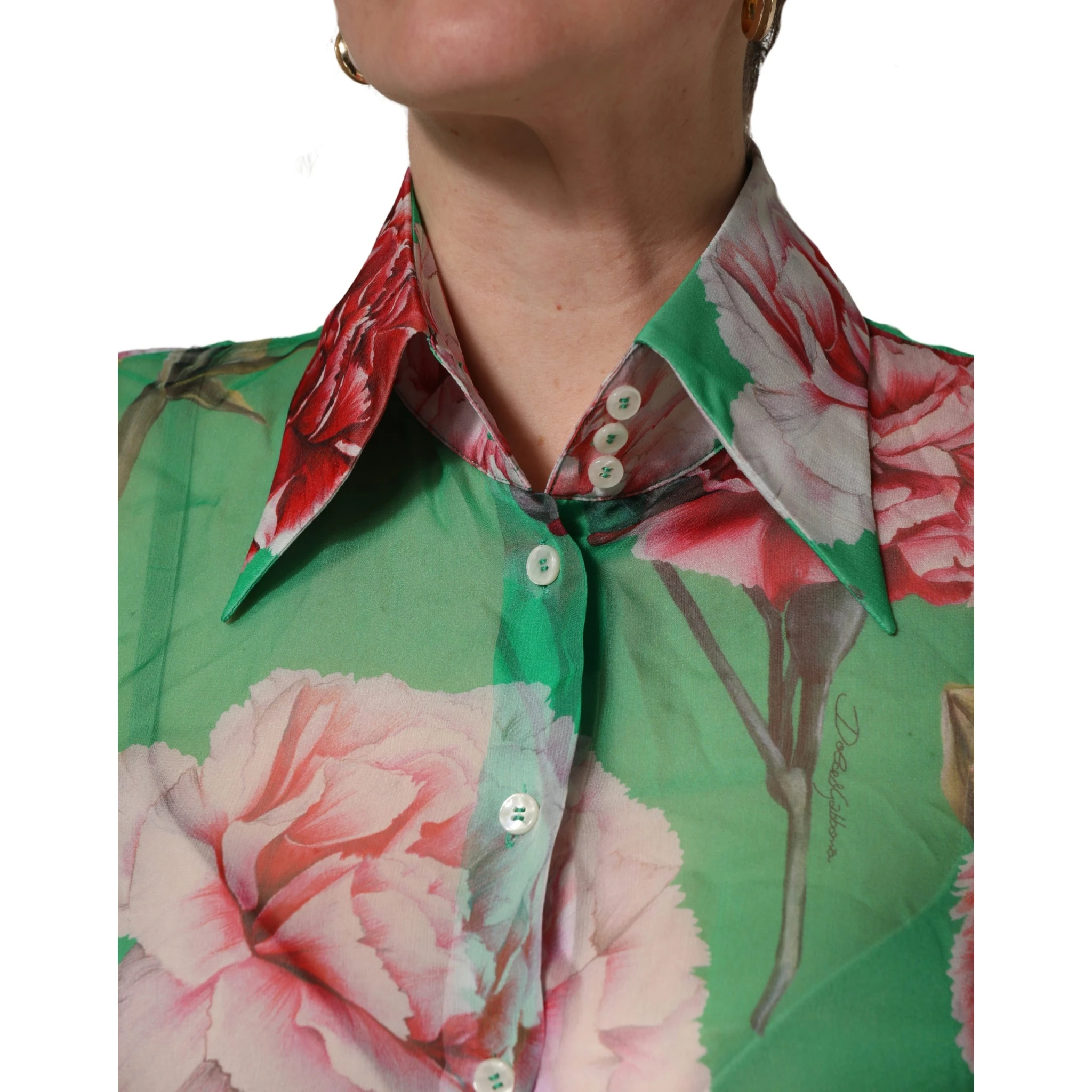 Green CarnationPrint Silk Collared Blouse Top