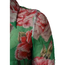 Green CarnationPrint Silk Collared Blouse Top