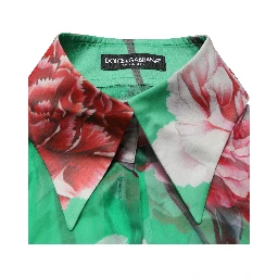 Green CarnationPrint Silk Collared Blouse Top