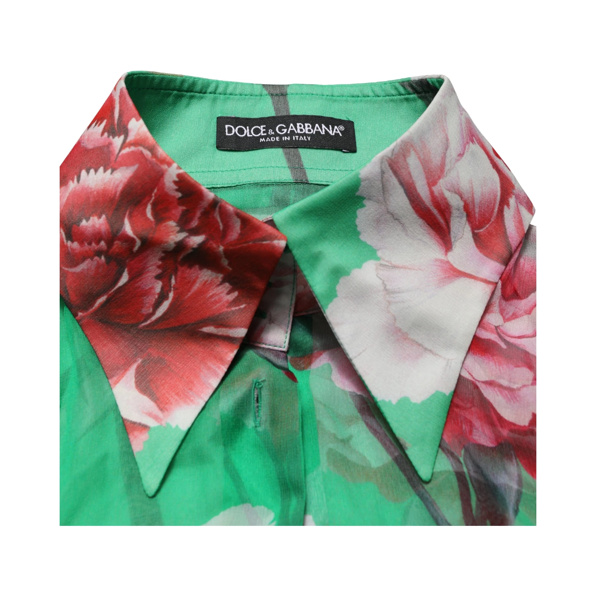 Green CarnationPrint Silk Collared Blouse Top