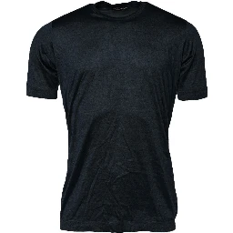 Dark Blue Silk Crew Neck Short Sleeve T-shirt