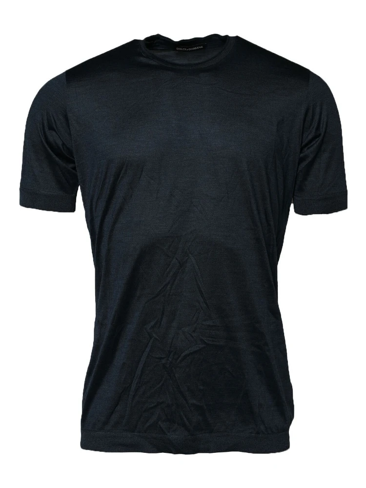 Dark Blue Silk Crew Neck Short Sleeve T-shirt alternative