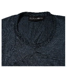 Dark Blue Silk Crew Neck Short Sleeve T-shirt