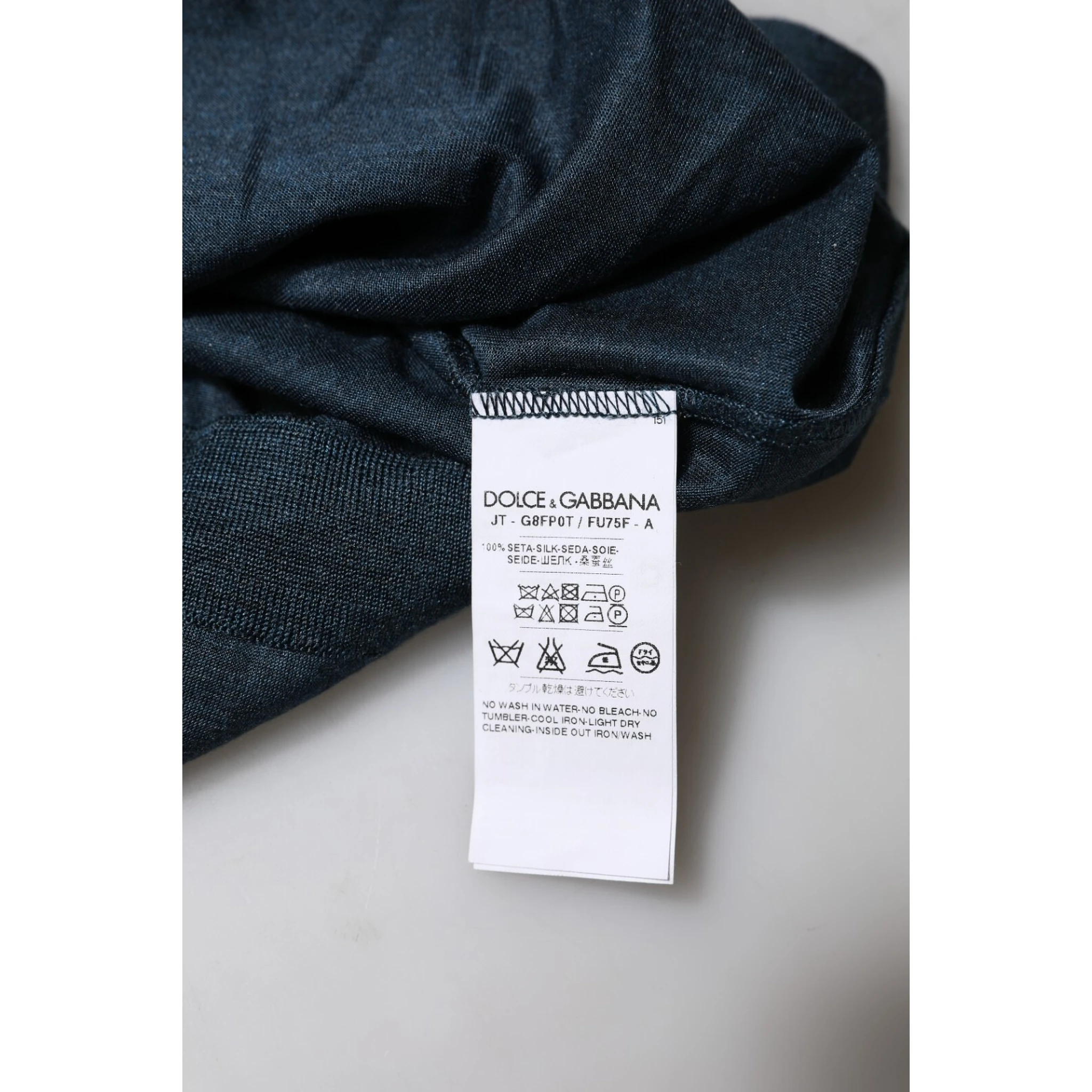 Dark Blue Silk Crew Neck Short Sleeve T-shirt