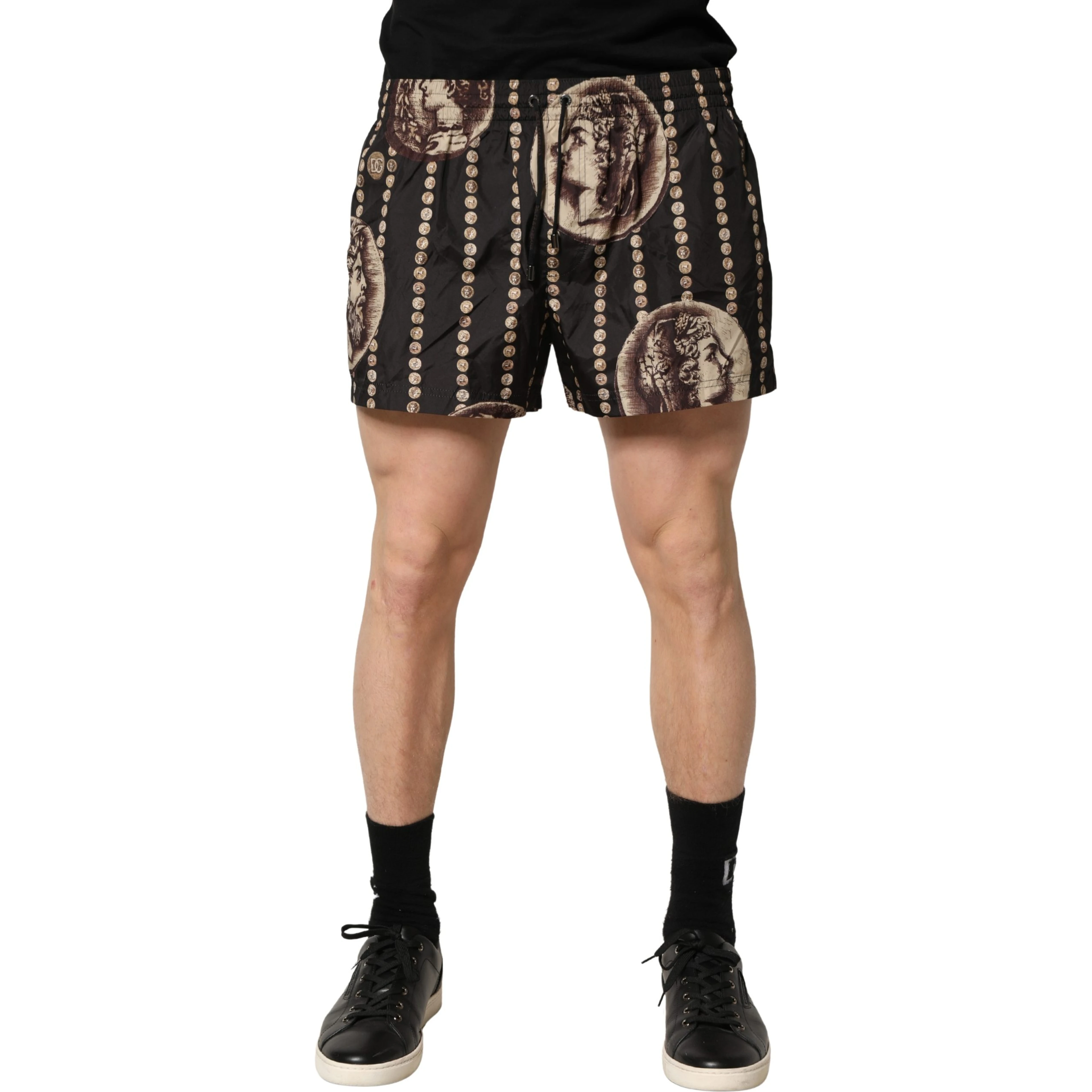 Black Roman Coin Print Swim Shorts Swimwear