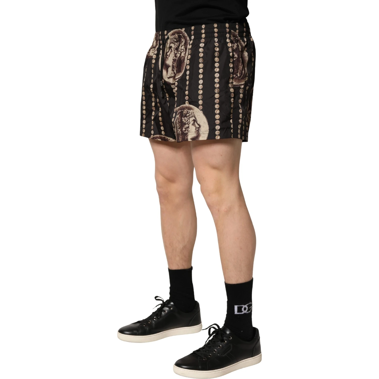 Black Roman Coin Print Swim Shorts Swimwear
