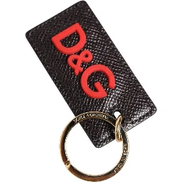 Black Calf Leather Logo Metal Ring Men Keychain Keyring
