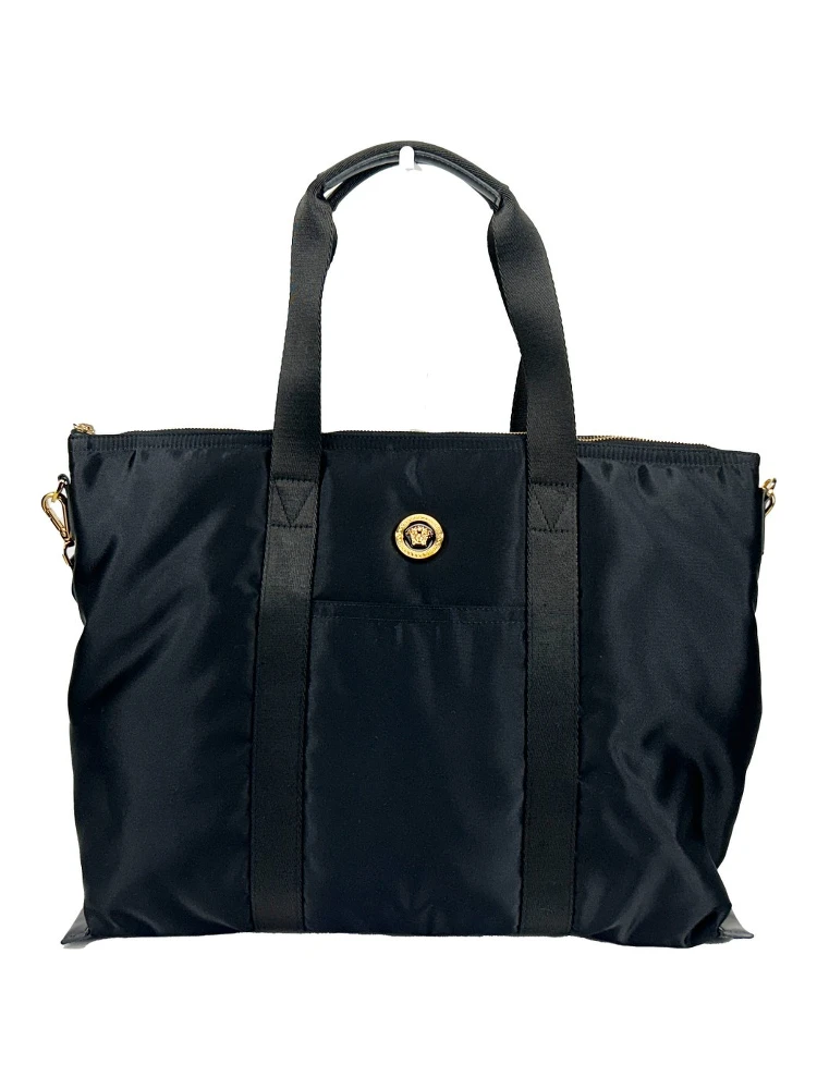 Versace Black Nylon Fabric La Medusa Shoulder Tote Bag
