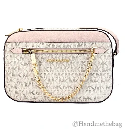 Michael Kors Adult Saffiano Leather Chain Zip Crossbody Handbag, Vanilla/Powder Blush