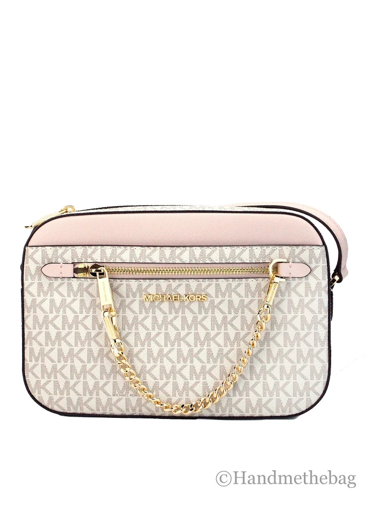 Michael Kors Adult Saffiano Leather Chain Zip Crossbody Handbag, Vanilla/Powder Blush