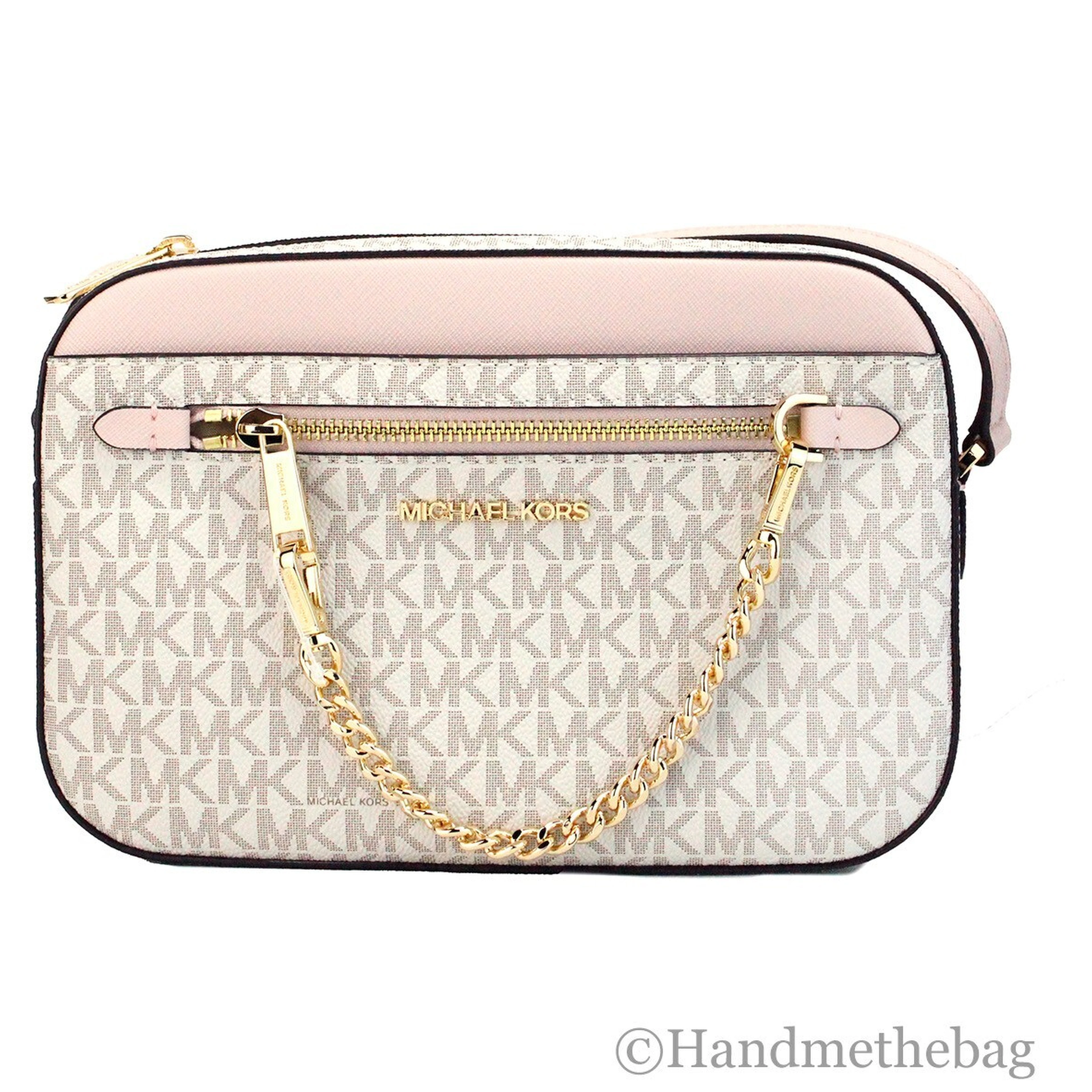Michael Kors Adult Saffiano Leather Chain Zip Crossbody Handbag, Vanilla/Powder Blush