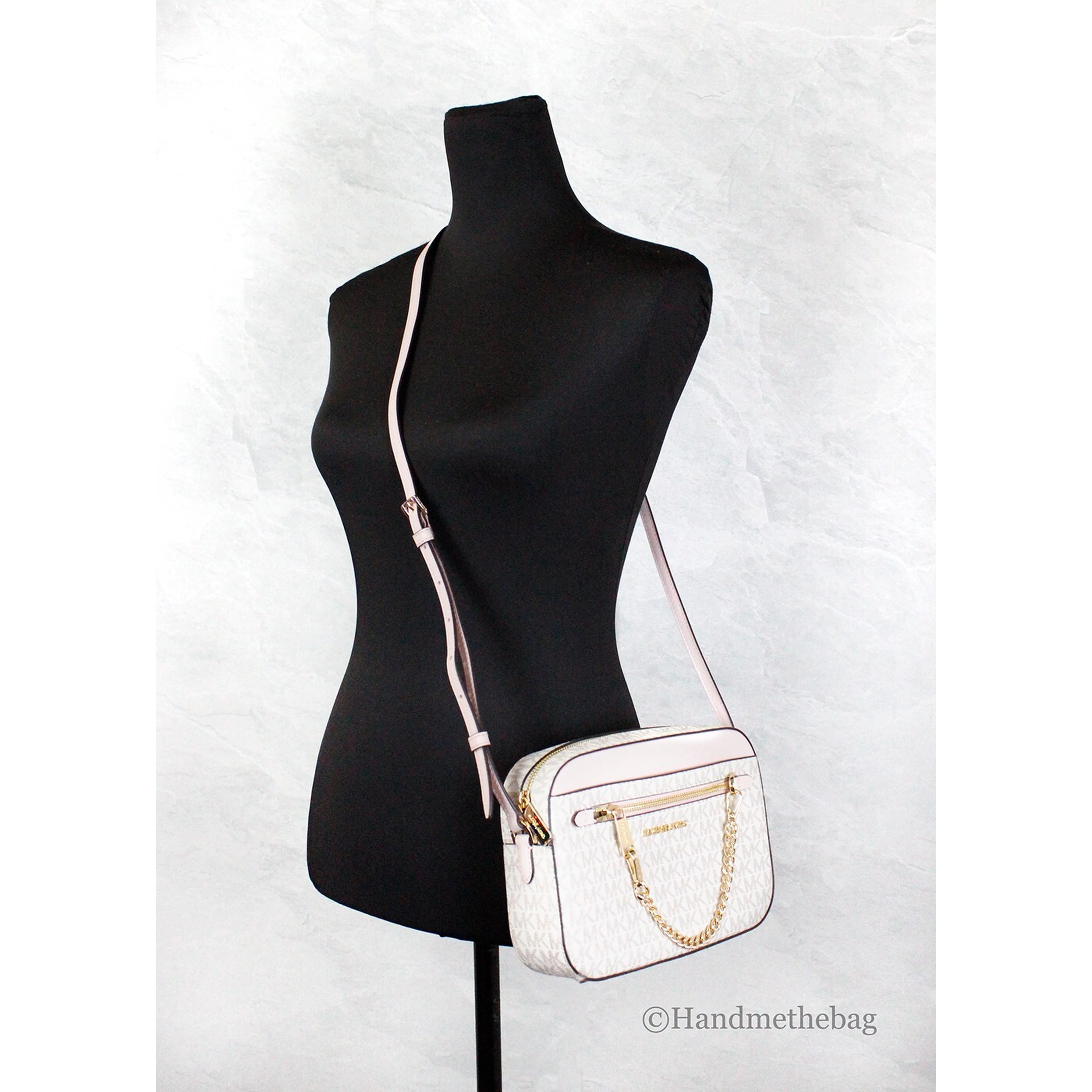 Michael Kors Adult Saffiano Leather Chain Zip Crossbody Handbag, Vanilla/Powder Blush