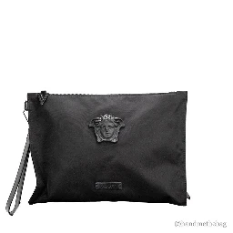 Versace Large Black Nylon Fabric Medusa Convertible Pouch Clutch Wristlet Bag