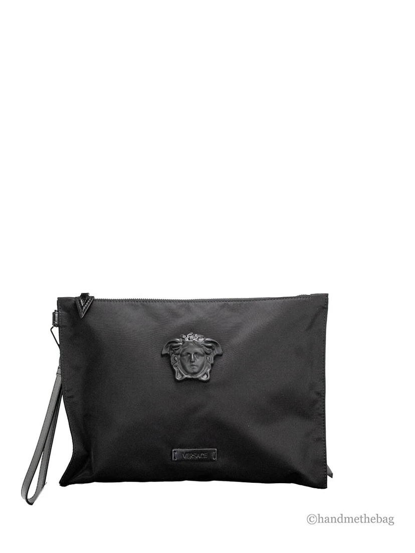 Versace Large Black Nylon Fabric Medusa Convertible Pouch Clutch Wristlet Bag