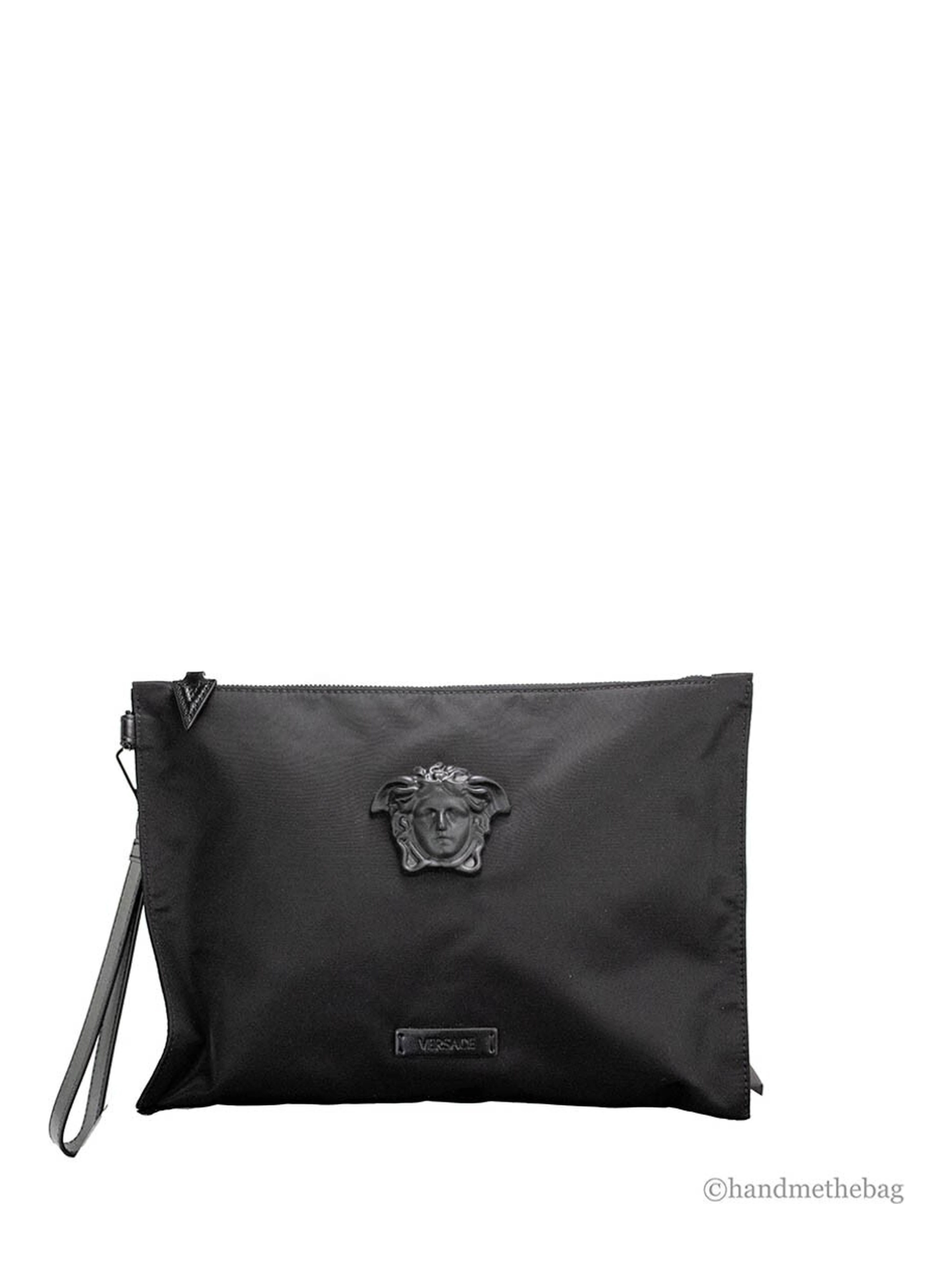 Versace Large Black Nylon Fabric Medusa Convertible Pouch Clutch Wristlet Bag