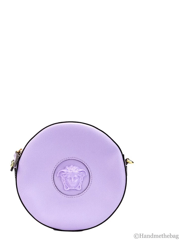 Versace Round Disco Lilac Pebbled Leather Camera Case Crossbody Bag Purse