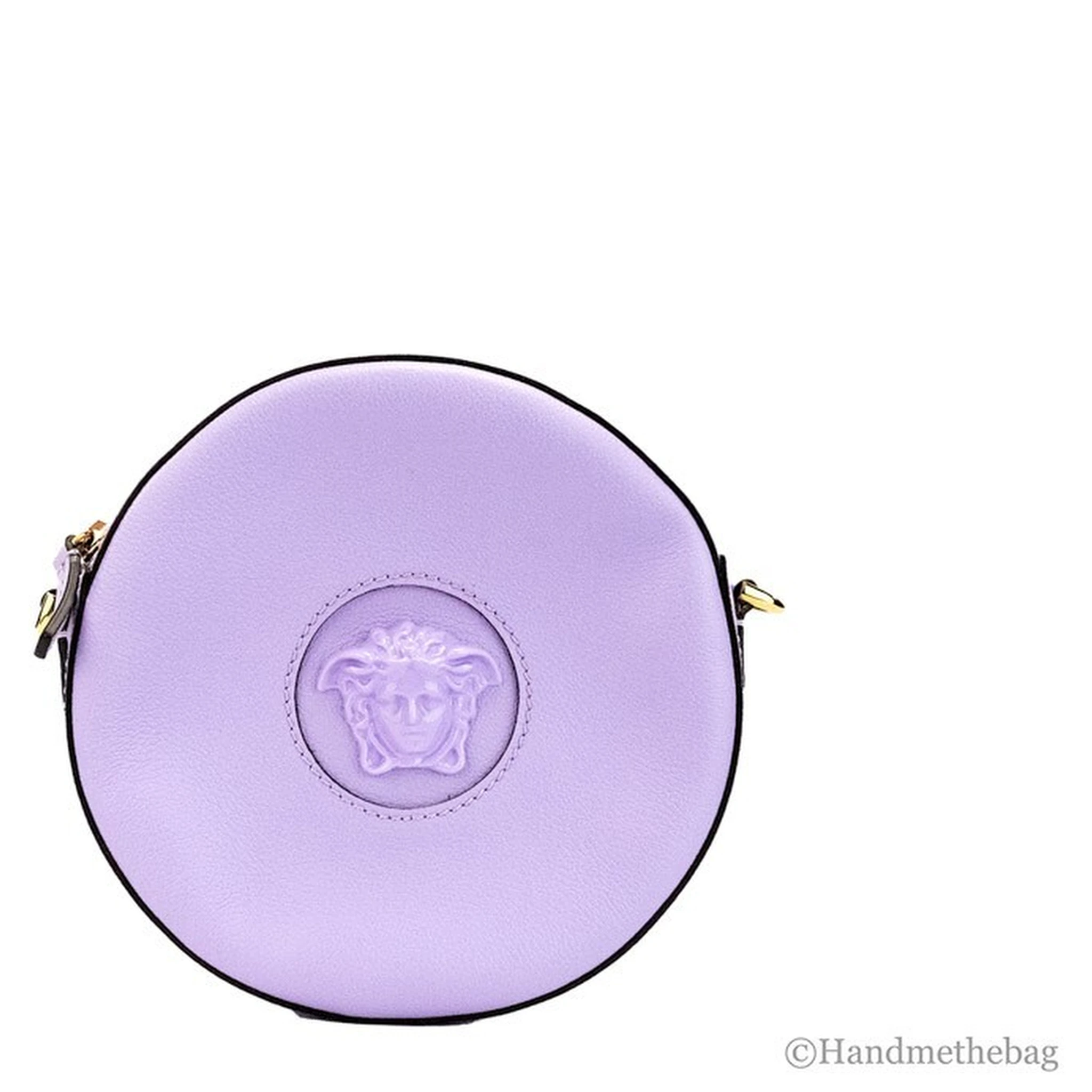 Versace Round Disco Lilac Pebbled Leather Camera Case Crossbody Bag Purse