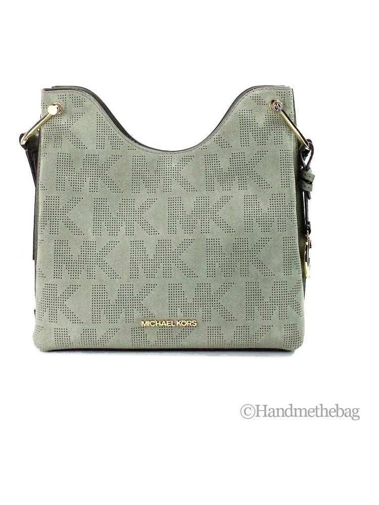 Michael Kors Joan Small Green Perforated Suede Leather Slouchy Messenger Handbag