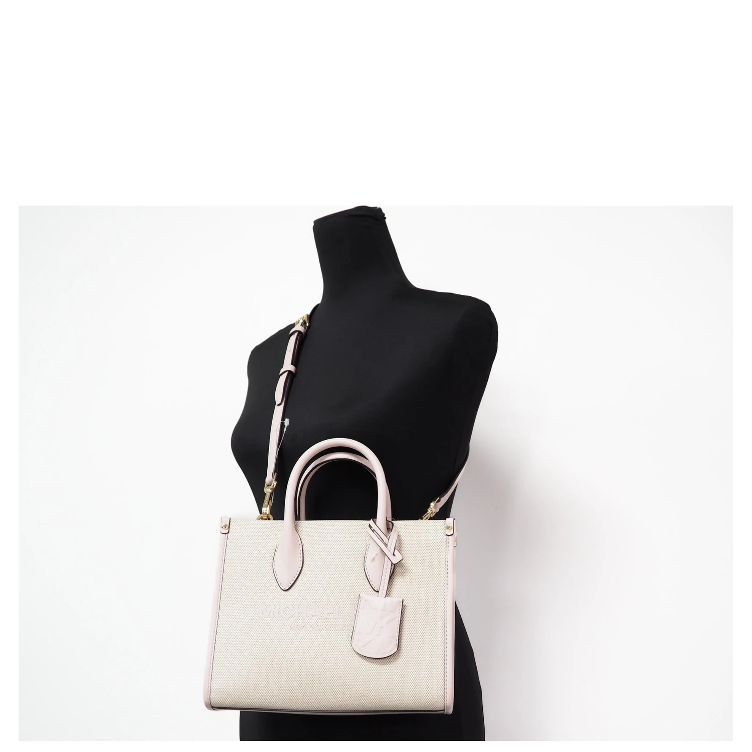 Michael Kors Mirella Small Powder Blush Canvas Shopper Crossbody Handbag Purse