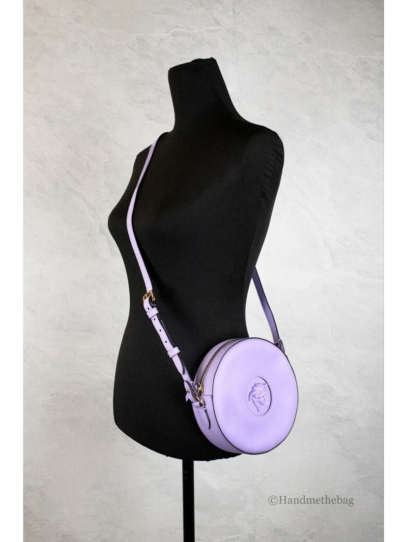 Versace Round Disco Lilac Pebbled Leather Camera Case Crossbody Bag Purse